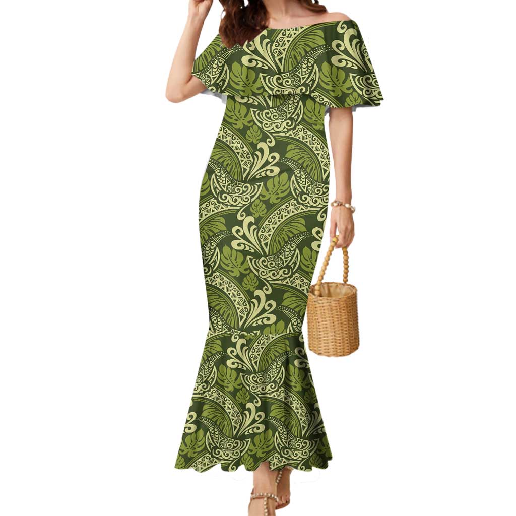 Olive Green Monstera Mermaid Dress Polynesian Tribal Pattern LT01 Women Green - Polynesian Pride