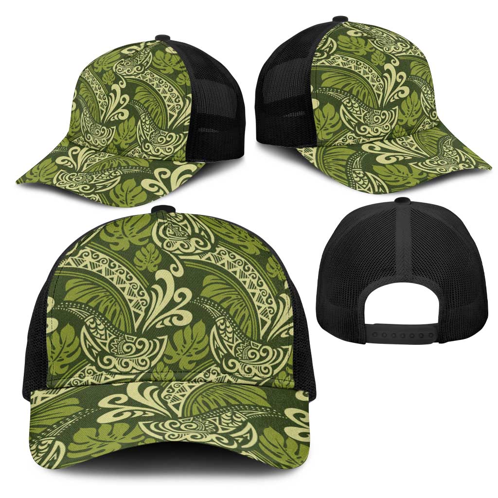 Olive Green Monstera Mesh Trucker Cap Polynesian Tribal Pattern - Polynesian Pride