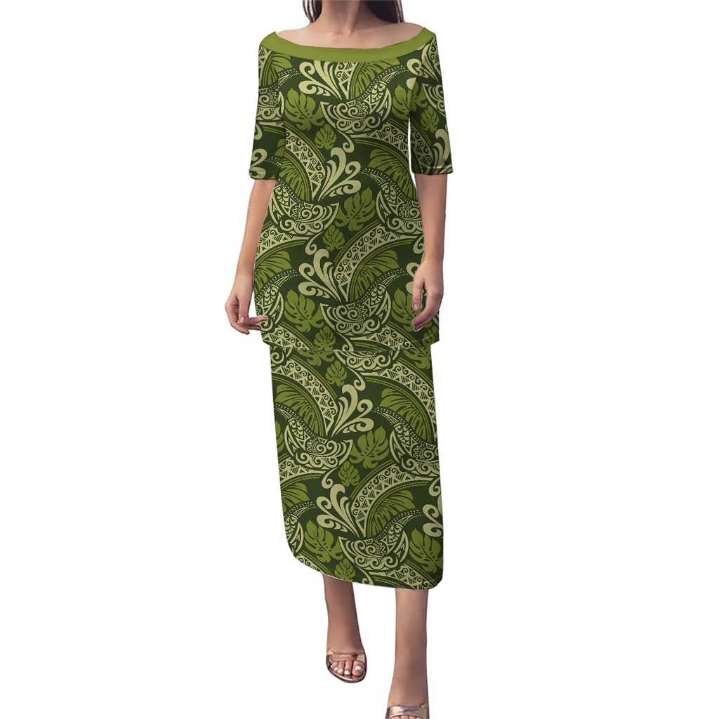 Olive Green Monstera Puletasi Polynesian Tribal Pattern - Polynesian Pride