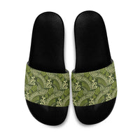 Olive Green Monstera Slide Sandals Polynesian Tribal Pattern - Polynesian Pride