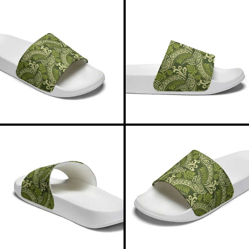 Olive Green Monstera Slide Sandals Polynesian Tribal Pattern - Polynesian Pride