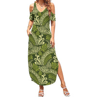 Olive Green Monstera Summer Maxi Dress Polynesian Tribal Pattern - Polynesian Pride