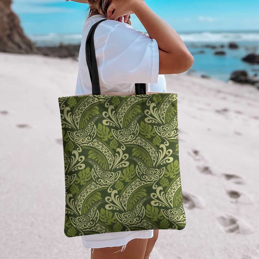 Olive Green Monstera Tote Bag Polynesian Tribal Pattern - Polynesian Pride