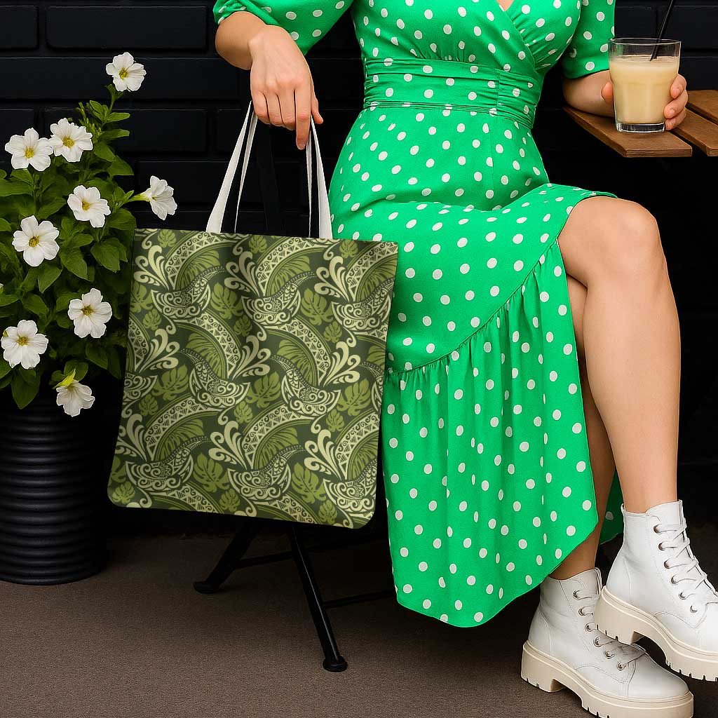 Olive Green Monstera Tote Bag Polynesian Tribal Pattern - Polynesian Pride