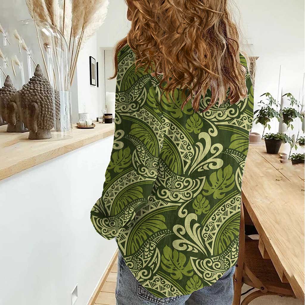 Olive Green Monstera Women Casual Shirt Polynesian Tribal Pattern LT01 - Polynesian Pride