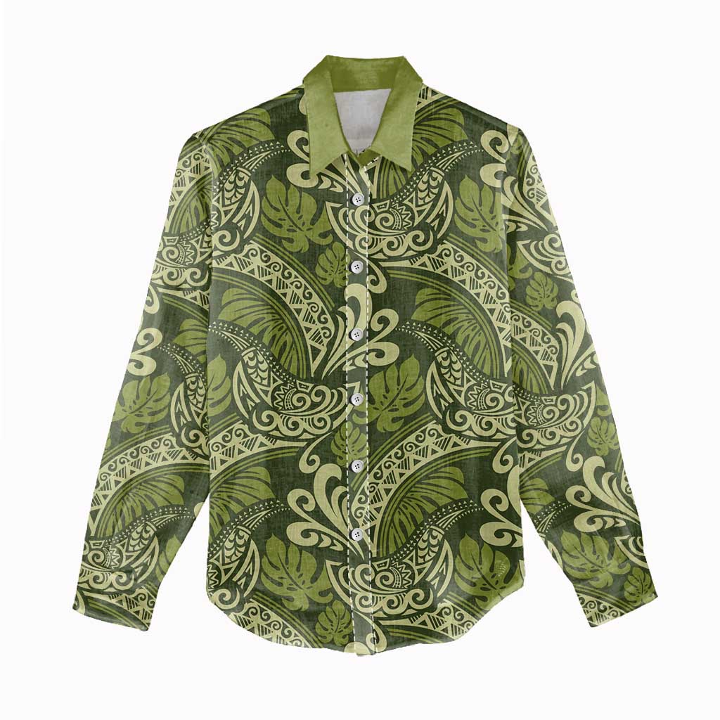 Olive Green Monstera Women Casual Shirt Polynesian Tribal Pattern LT01 - Polynesian Pride