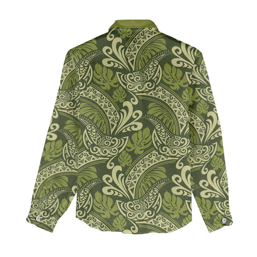 Olive Green Monstera Women Casual Shirt Polynesian Tribal Pattern LT01 - Polynesian Pride