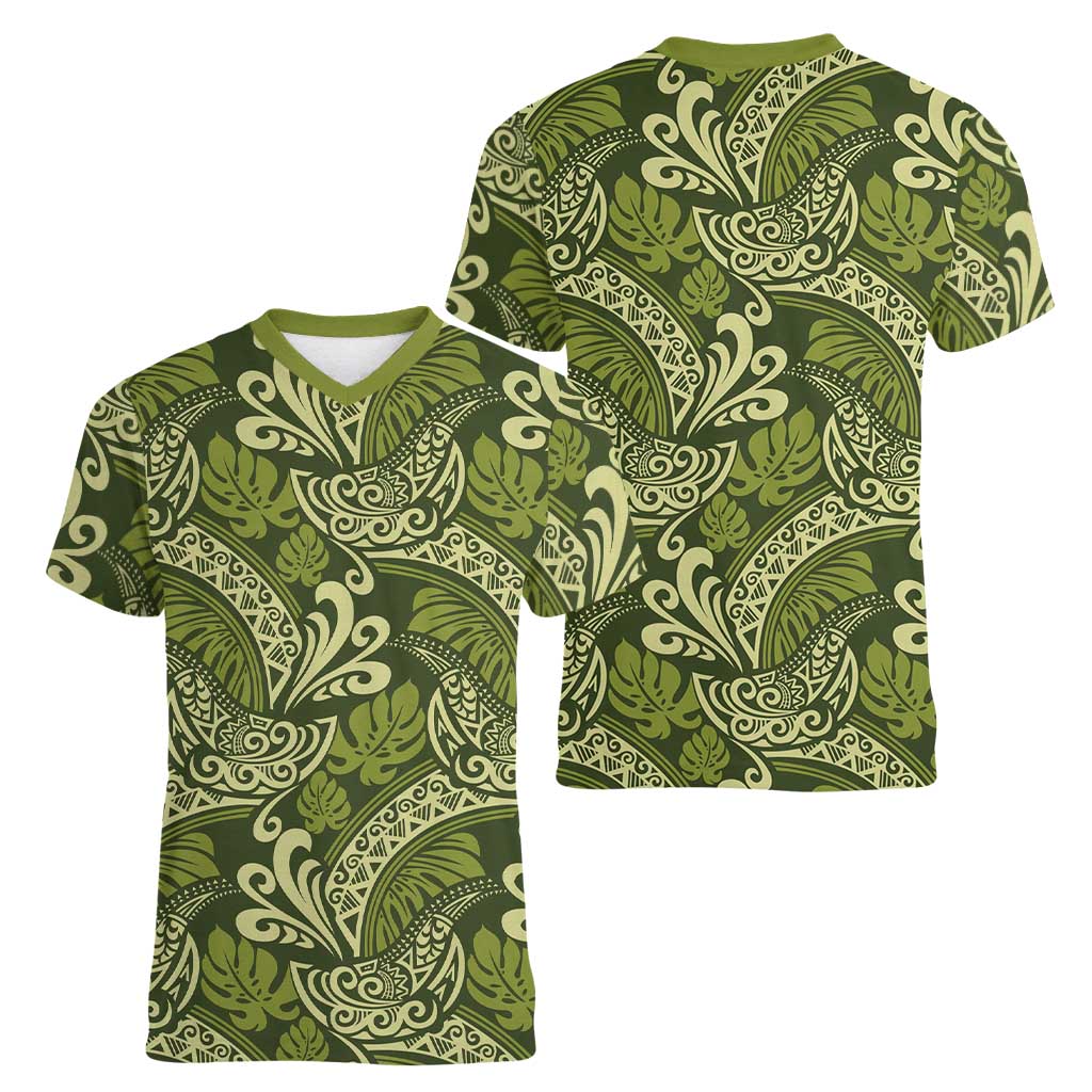 Olive Green Monstera Women V-Neck T-Shirt Polynesian Tribal Pattern - Polynesian Pride
