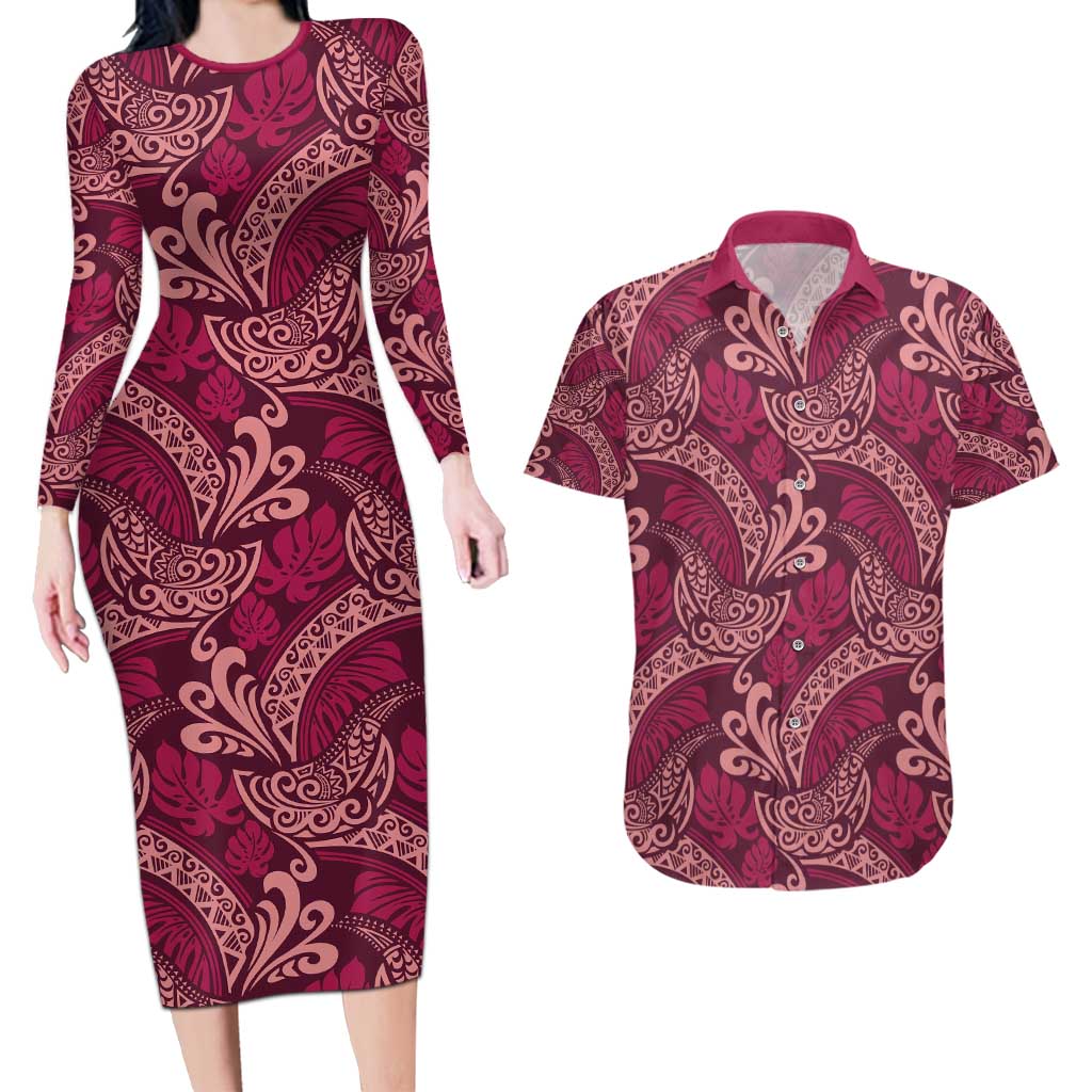 Sweet Pink Monstera Couples Matching Long Sleeve Bodycon Dress and Hawaiian Shirt Polynesian Tribal Pattern LT01 Pink - Polynesian Pride
