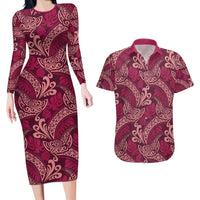 Sweet Pink Monstera Couples Matching Long Sleeve Bodycon Dress and Hawaiian Shirt Polynesian Tribal Pattern LT01 Pink - Polynesian Pride
