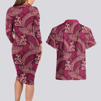 Sweet Pink Monstera Couples Matching Long Sleeve Bodycon Dress and Hawaiian Shirt Polynesian Tribal Pattern LT01 - Polynesian Pride