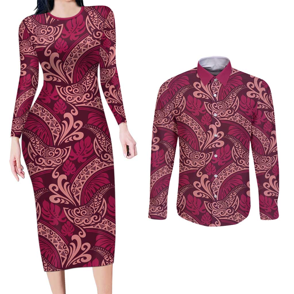 Sweet Pink Monstera Couples Matching Long Sleeve Bodycon Dress and Long Sleeve Button Shirt Polynesian Tribal Pattern LT01 Pink - Polynesian Pride