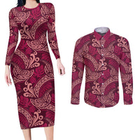 Sweet Pink Monstera Couples Matching Long Sleeve Bodycon Dress and Long Sleeve Button Shirt Polynesian Tribal Pattern - Polynesian Pride