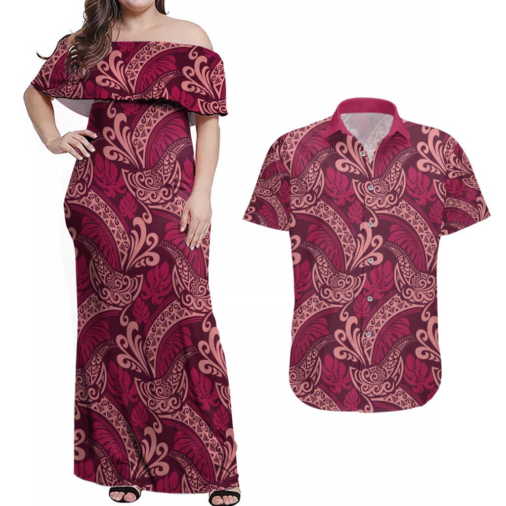 Sweet Pink Monstera Couples Matching Off Shoulder Maxi Dress and Hawaiian Shirt Polynesian Tribal Pattern LT01 Pink - Polynesian Pride
