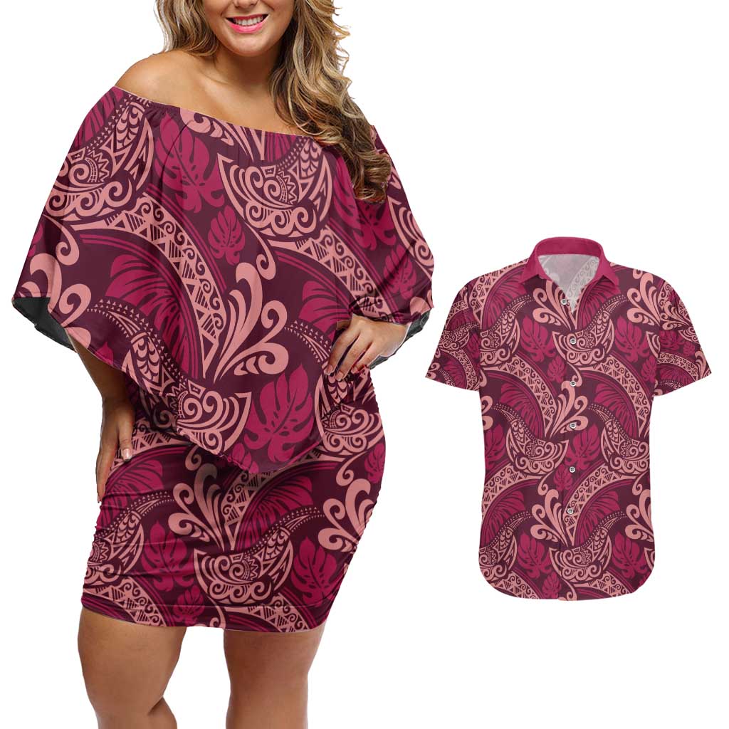 Sweet Pink Monstera Couples Matching Off Shoulder Short Dress and Hawaiian Shirt Polynesian Tribal Pattern LT01 Pink - Polynesian Pride