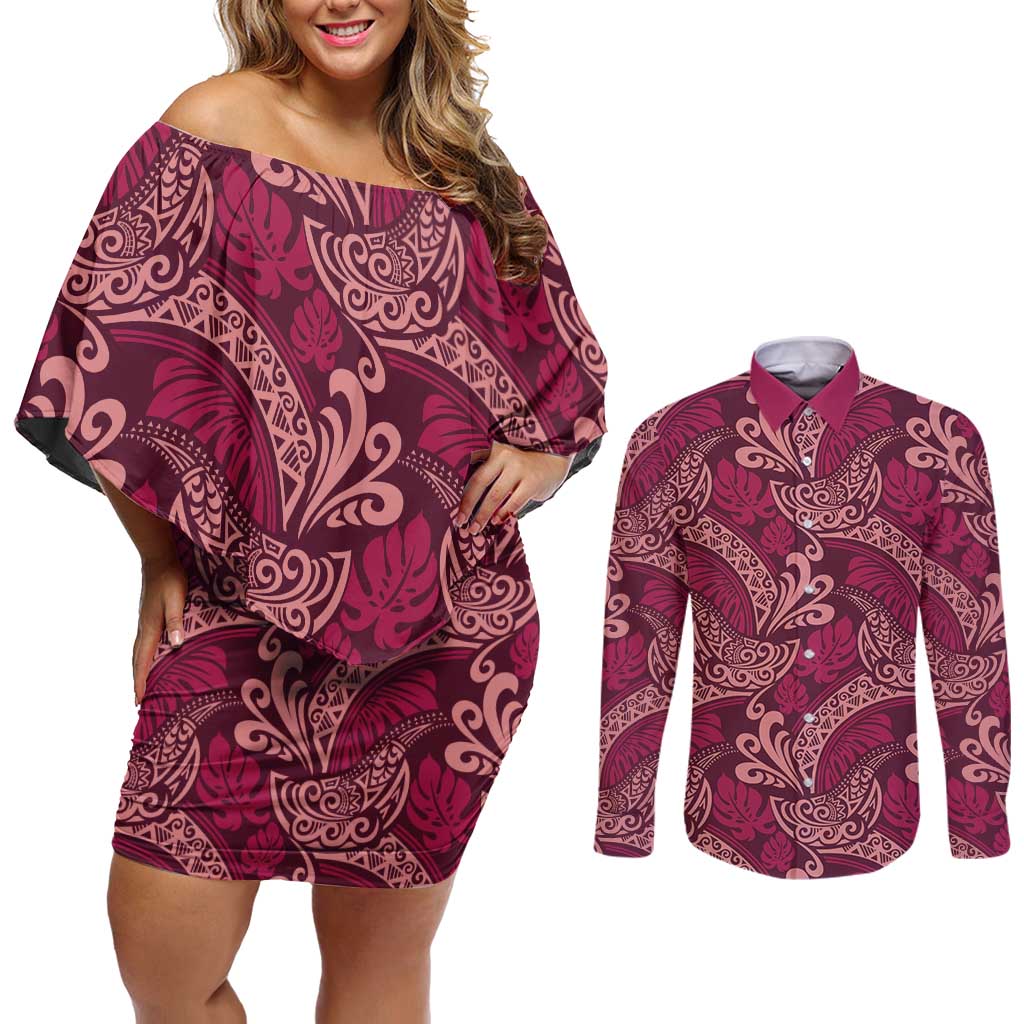 Sweet Pink Monstera Couples Matching Off Shoulder Short Dress and Long Sleeve Button Shirt Polynesian Tribal Pattern LT01 Pink - Polynesian Pride