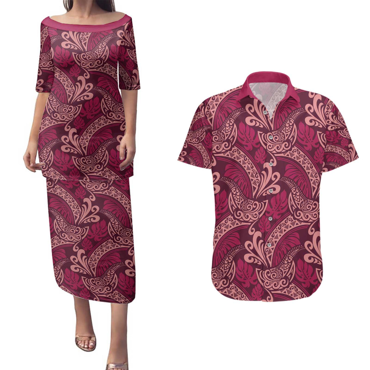 Sweet Pink Monstera Couples Matching Puletasi and Hawaiian Shirt Polynesian Tribal Pattern - Polynesian Pride