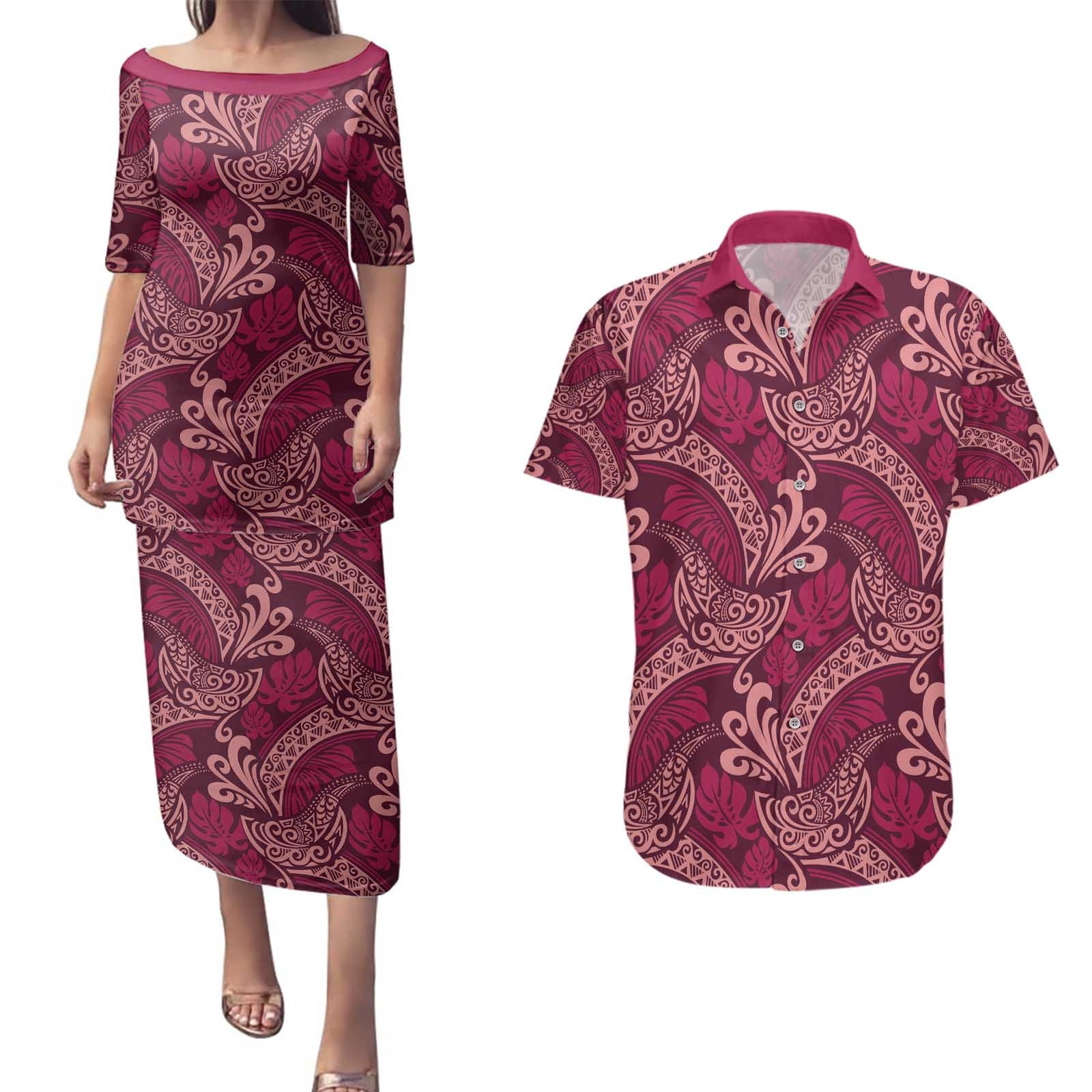Sweet Pink Monstera Couples Matching Puletasi and Hawaiian Shirt Polynesian Tribal Pattern - Polynesian Pride