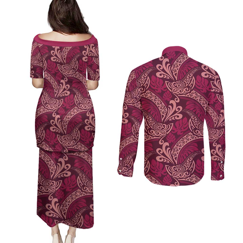 Sweet Pink Monstera Couples Matching Puletasi and Long Sleeve Button Shirt Polynesian Tribal Pattern - Polynesian Pride