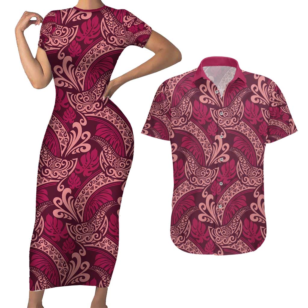 Sweet Pink Monstera Couples Matching Short Sleeve Bodycon Dress and Hawaiian Shirt Polynesian Tribal Pattern LT01 Pink - Polynesian Pride