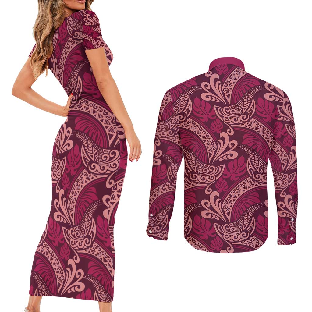 Sweet Pink Monstera Couples Matching Short Sleeve Bodycon Dress and Long Sleeve Button Shirt Polynesian Tribal Pattern - Polynesian Pride
