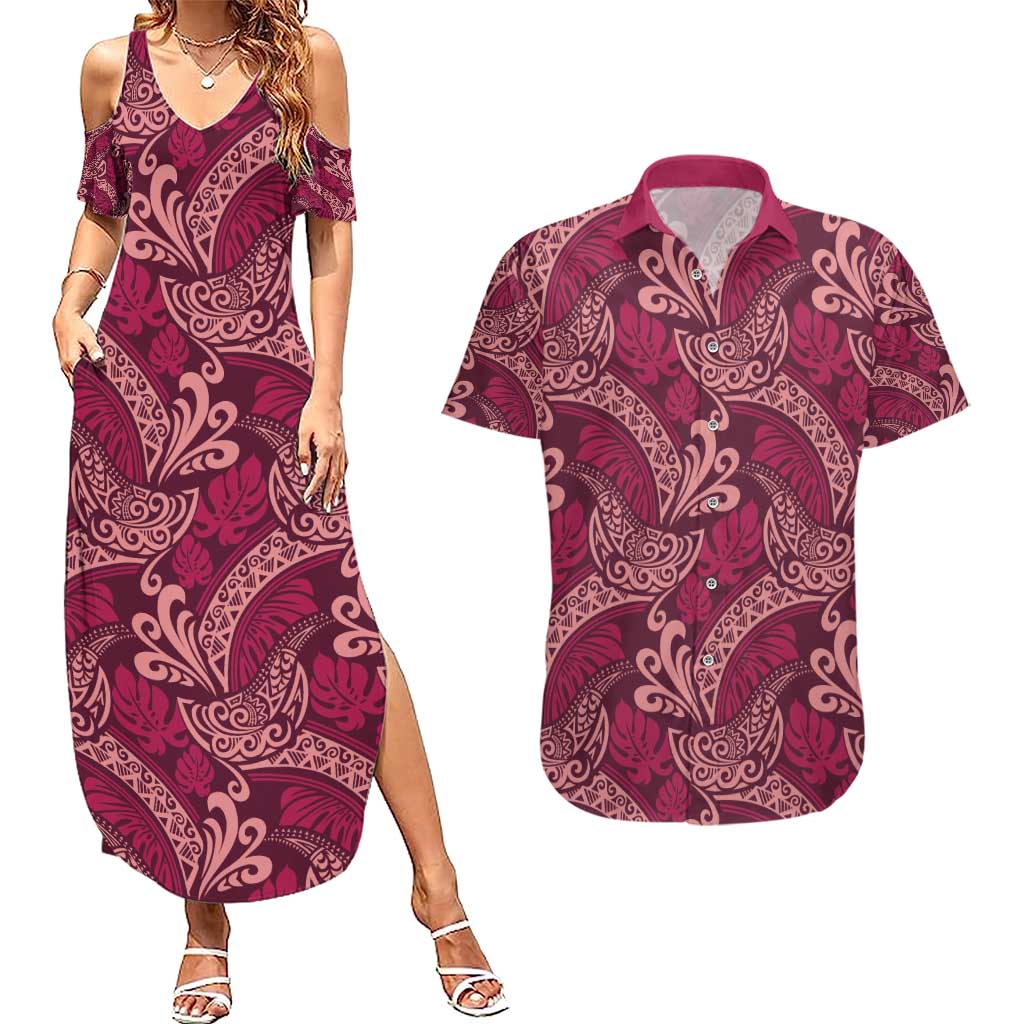 Sweet Pink Monstera Couples Matching Summer Maxi Dress and Hawaiian Shirt Polynesian Tribal Pattern LT01 Pink - Polynesian Pride