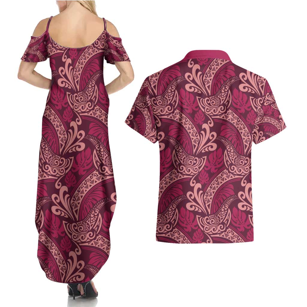 Sweet Pink Monstera Couples Matching Summer Maxi Dress and Hawaiian Shirt Polynesian Tribal Pattern - Polynesian Pride