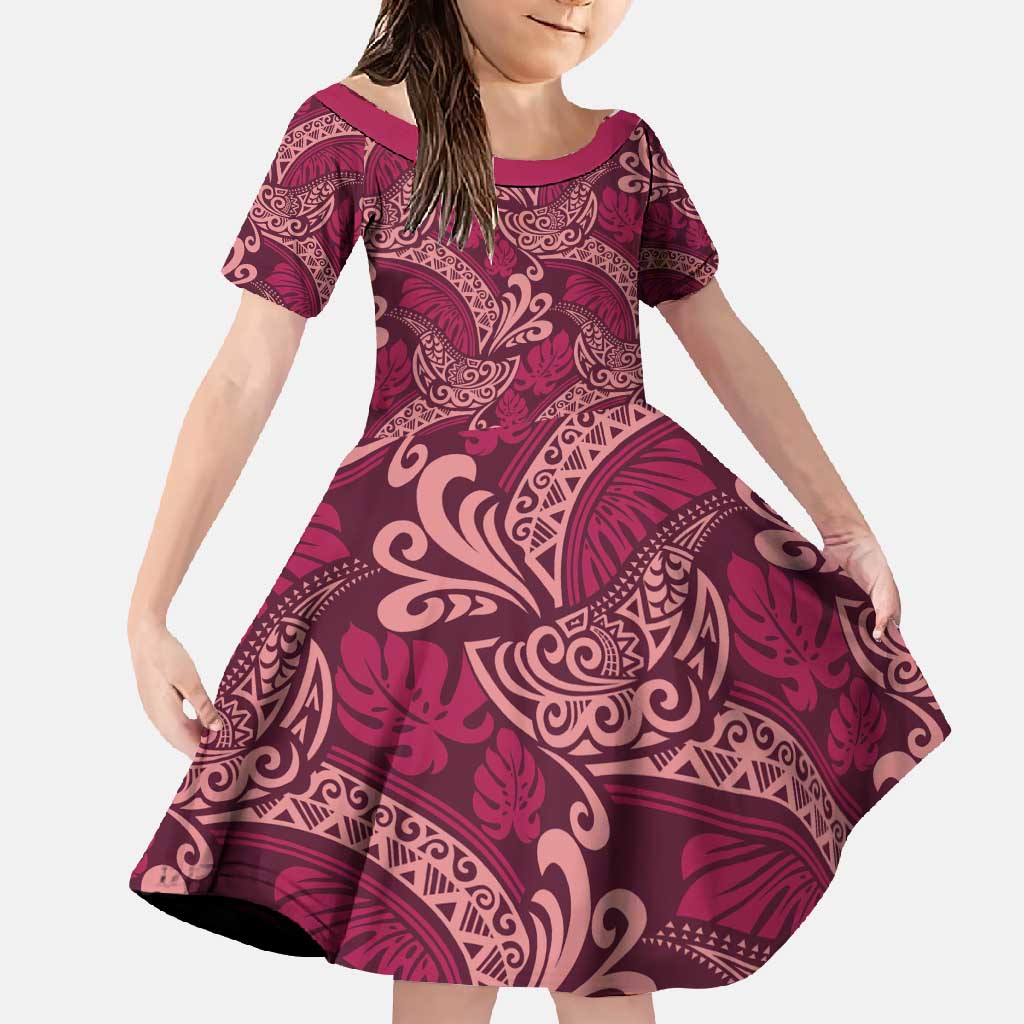 Sweet Pink Monstera Family Matching Tank Maxi Dress and Hawaiian Shirt Polynesian Tribal Pattern LT01 Daughter's Dress Pink - Polynesian Pride