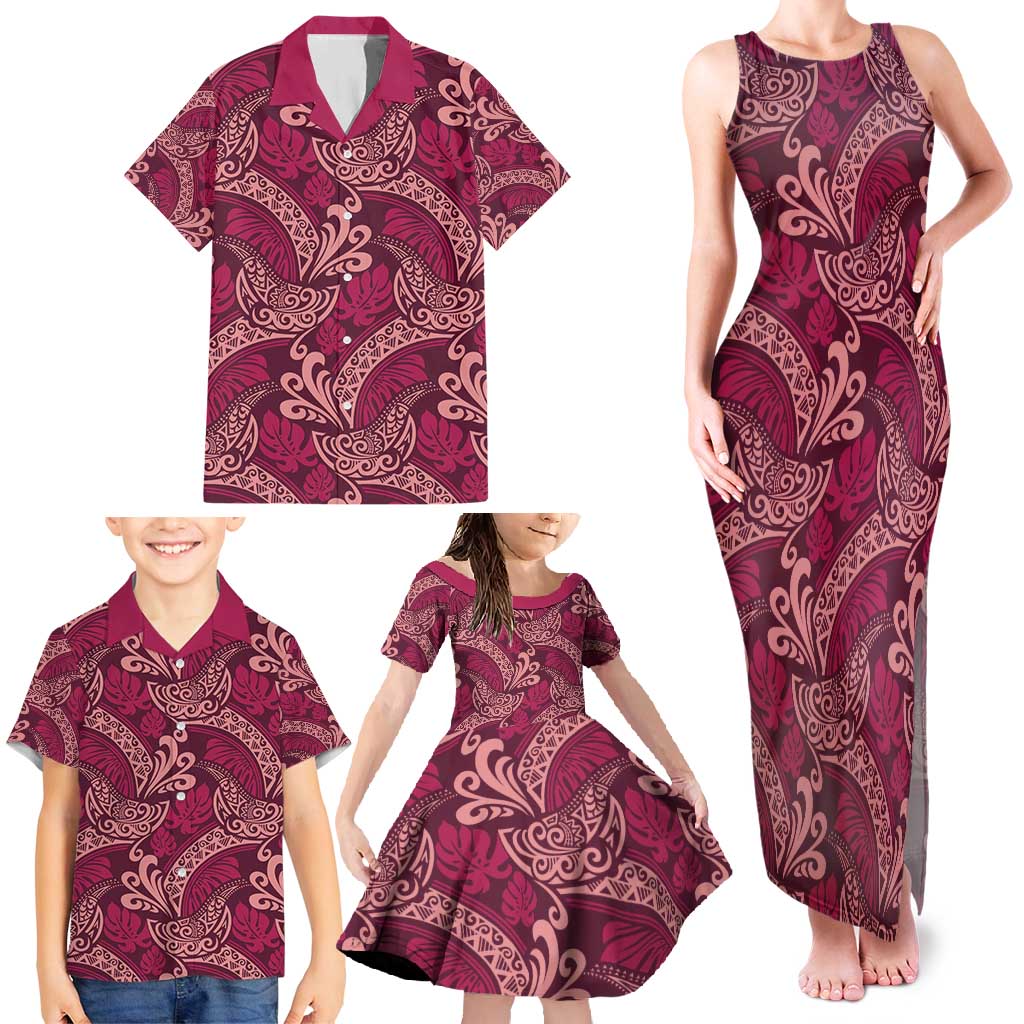 Sweet Pink Monstera Family Matching Tank Maxi Dress and Hawaiian Shirt Polynesian Tribal Pattern LT01 - Polynesian Pride