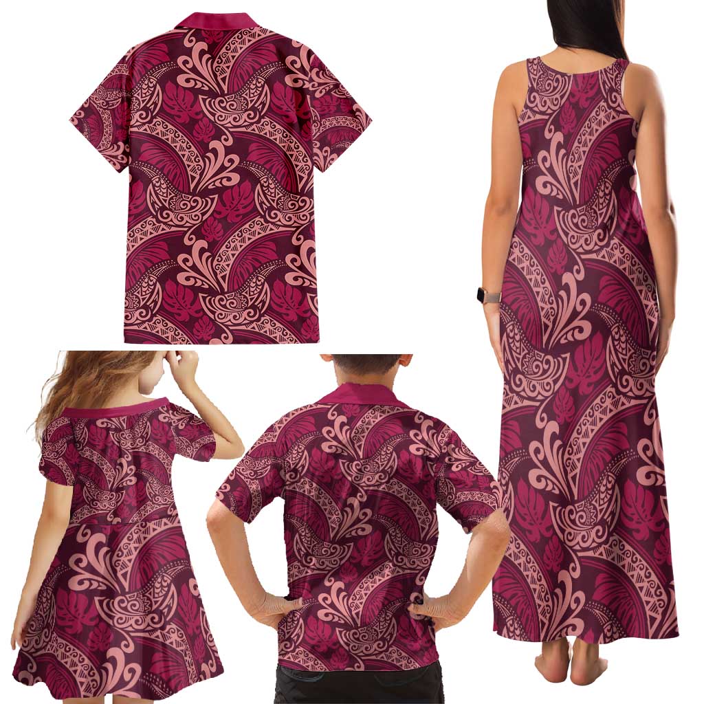 Sweet Pink Monstera Family Matching Tank Maxi Dress and Hawaiian Shirt Polynesian Tribal Pattern LT01 - Polynesian Pride