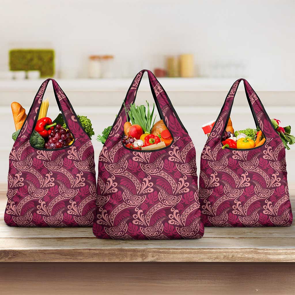Sweet Pink Monstera Grocery Bag Polynesian Tribal Pattern LT01 3-pack One Size Pink - Polynesian Pride