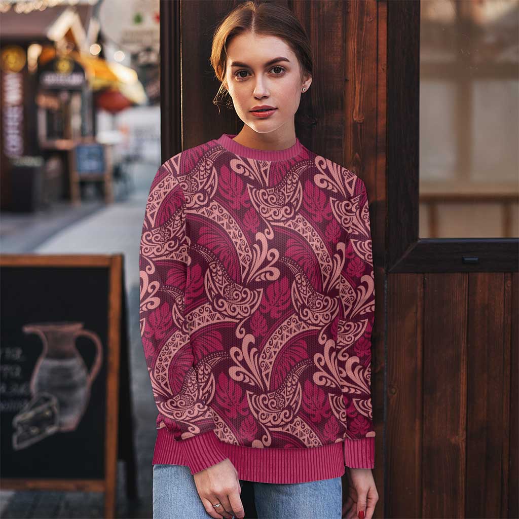Sweet Pink Monstera Ugly Christmas Sweater Polynesian Tribal Pattern - Polynesian Pride