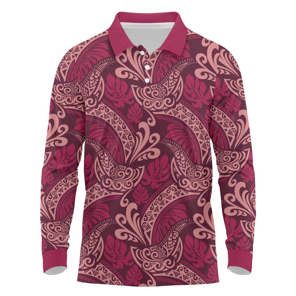Sweet Pink Monstera Long Sleeve Polo Shirt Polynesian Tribal Pattern LT01 Pink - Polynesian Pride