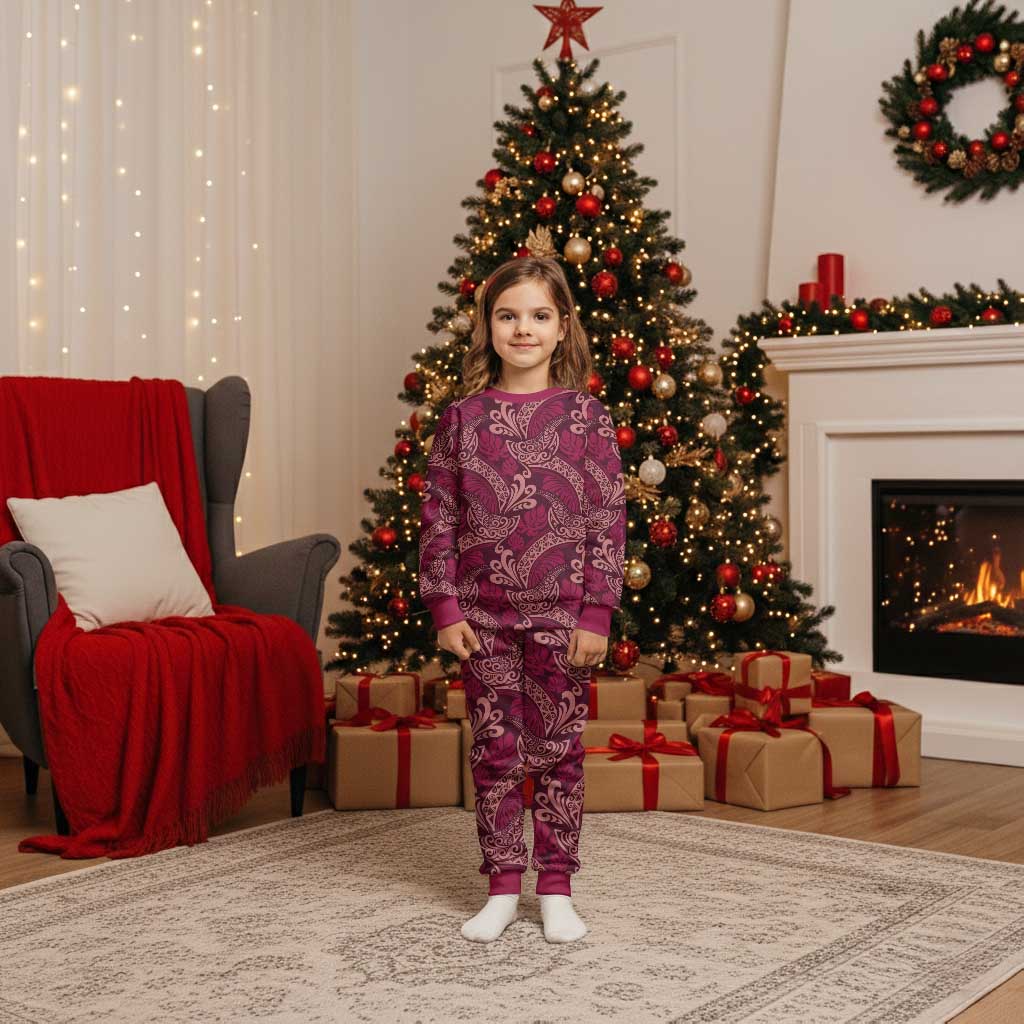 Sweet Pink Monstera Christmas Pajama Set Polynesian Tribal Pattern - Polynesian Pride