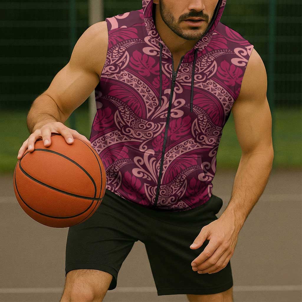 Sweet Pink Monstera Sleeveless Zip Hoodie Polynesian Tribal Pattern - Polynesian Pride