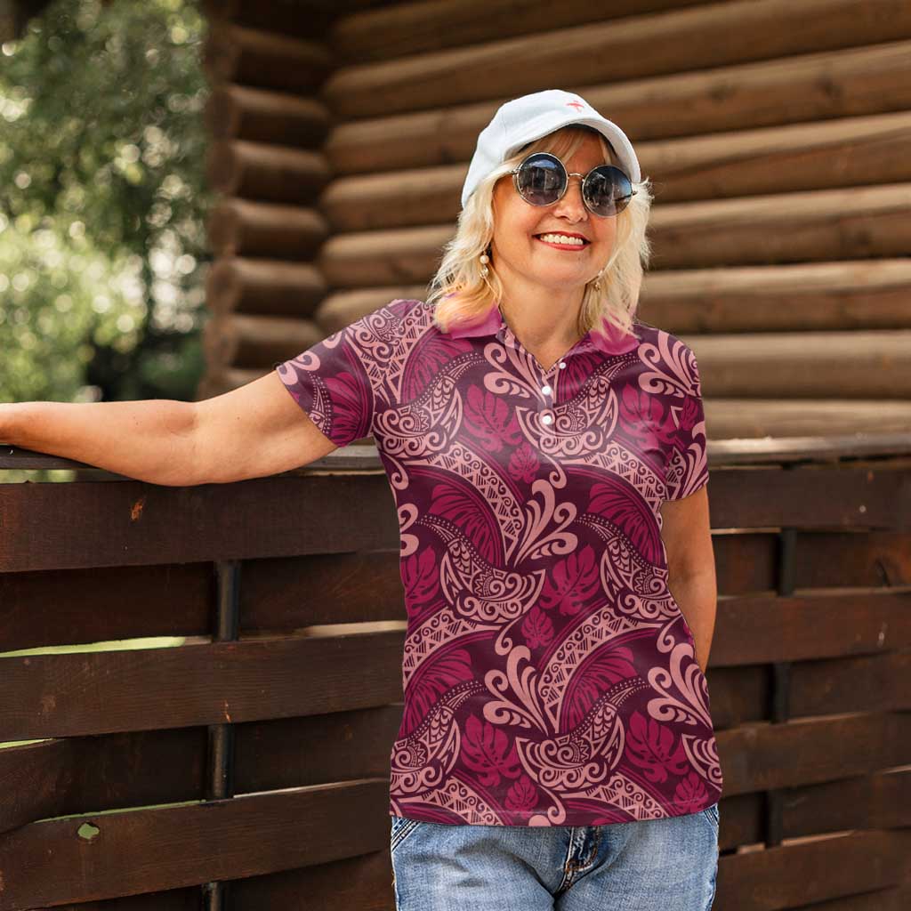 Sweet Pink Monstera Women Polo Shirt Polynesian Tribal Pattern - Polynesian Pride
