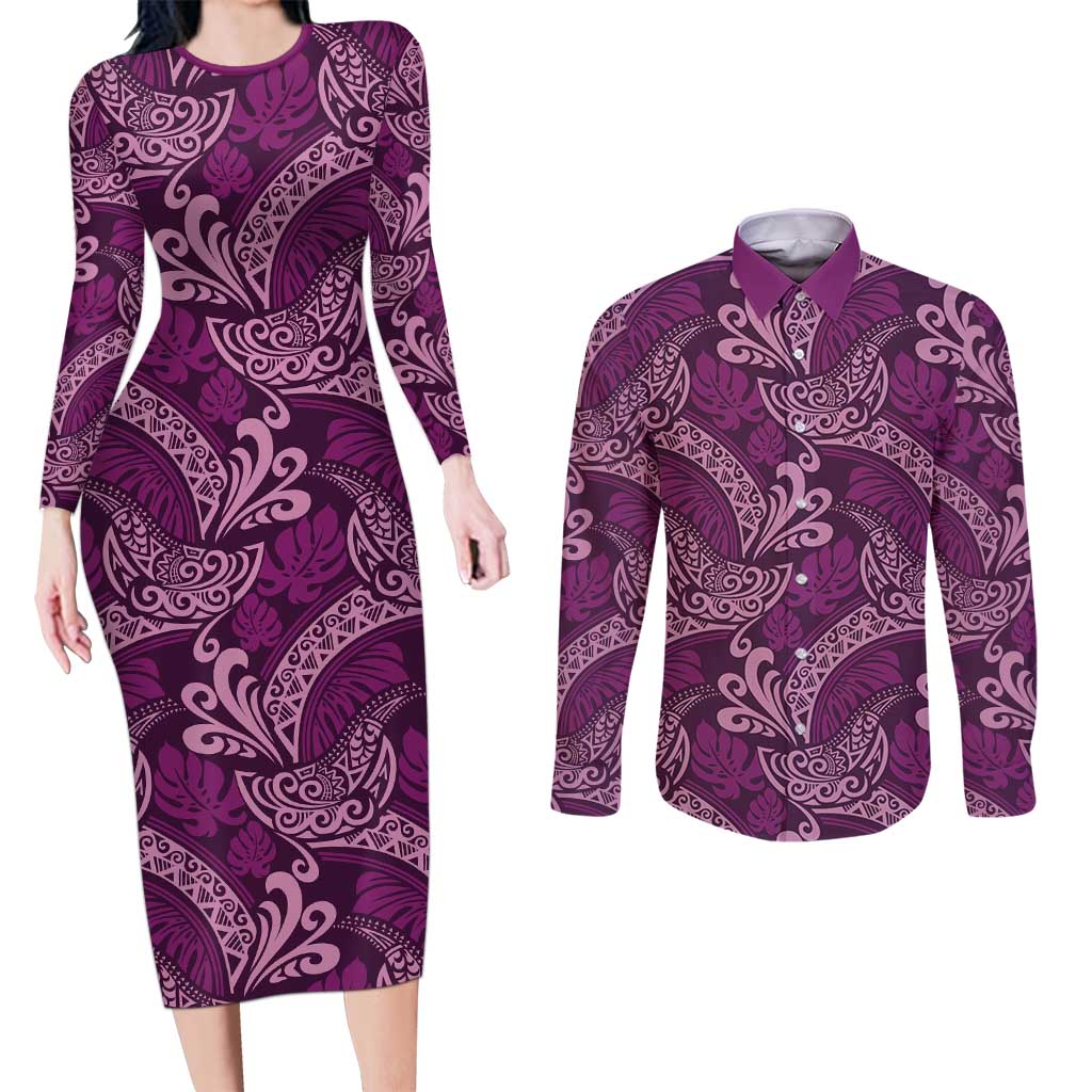 Royal Purple Monstera Couples Matching Long Sleeve Bodycon Dress and Long Sleeve Button Shirt Polynesian Tribal Pattern LT01 Purple - Polynesian Pride