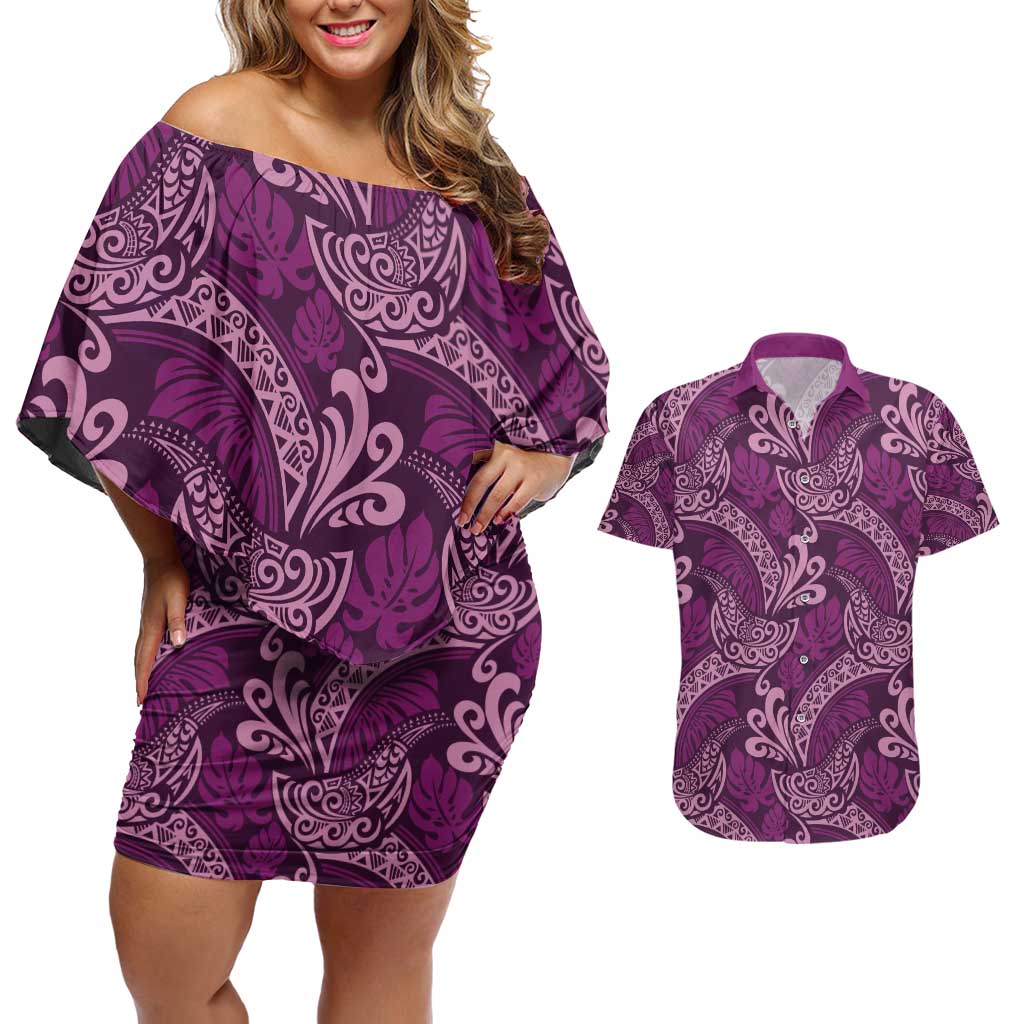 Royal Purple Monstera Couples Matching Off Shoulder Short Dress and Hawaiian Shirt Polynesian Tribal Pattern LT01 Purple - Polynesian Pride