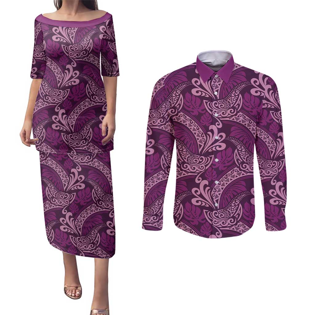 Royal Purple Monstera Couples Matching Puletasi and Long Sleeve Button Shirt Polynesian Tribal Pattern - Polynesian Pride