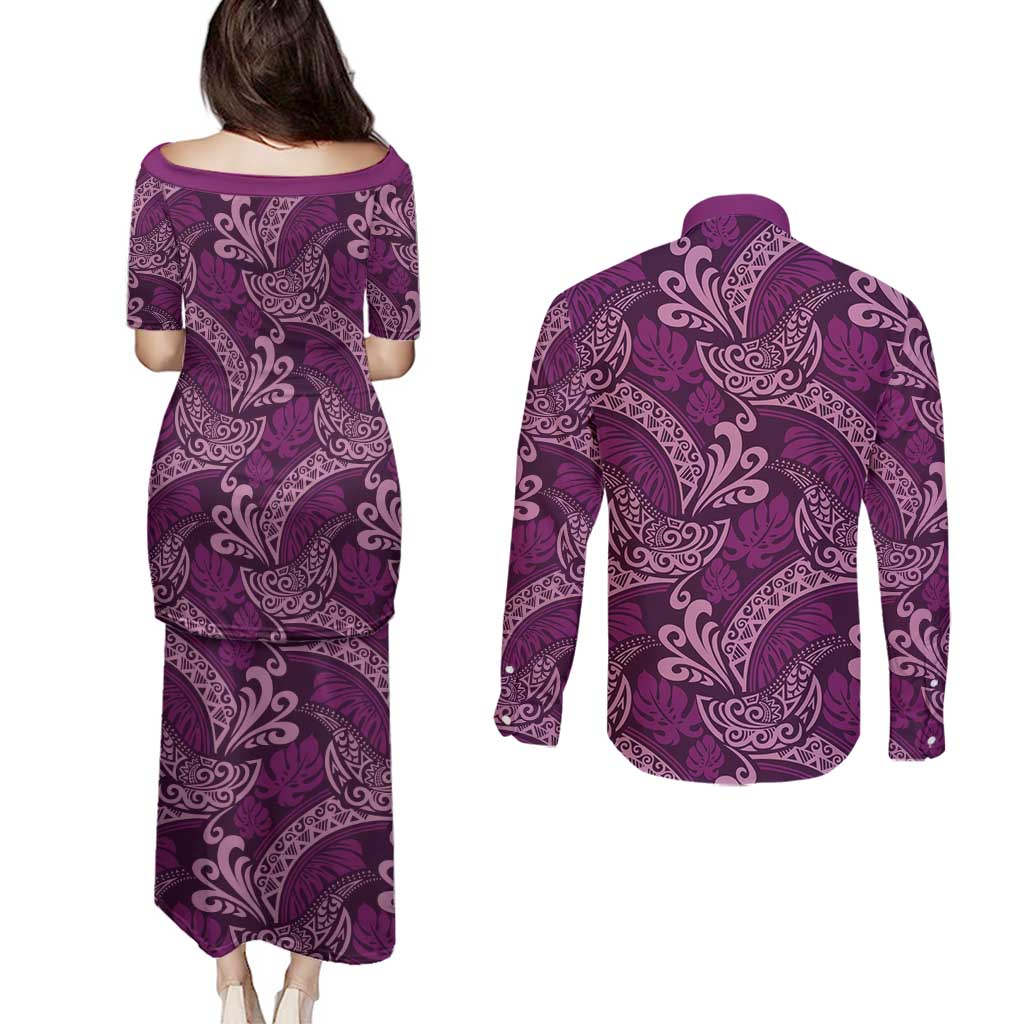 Royal Purple Monstera Couples Matching Puletasi and Long Sleeve Button Shirt Polynesian Tribal Pattern - Polynesian Pride