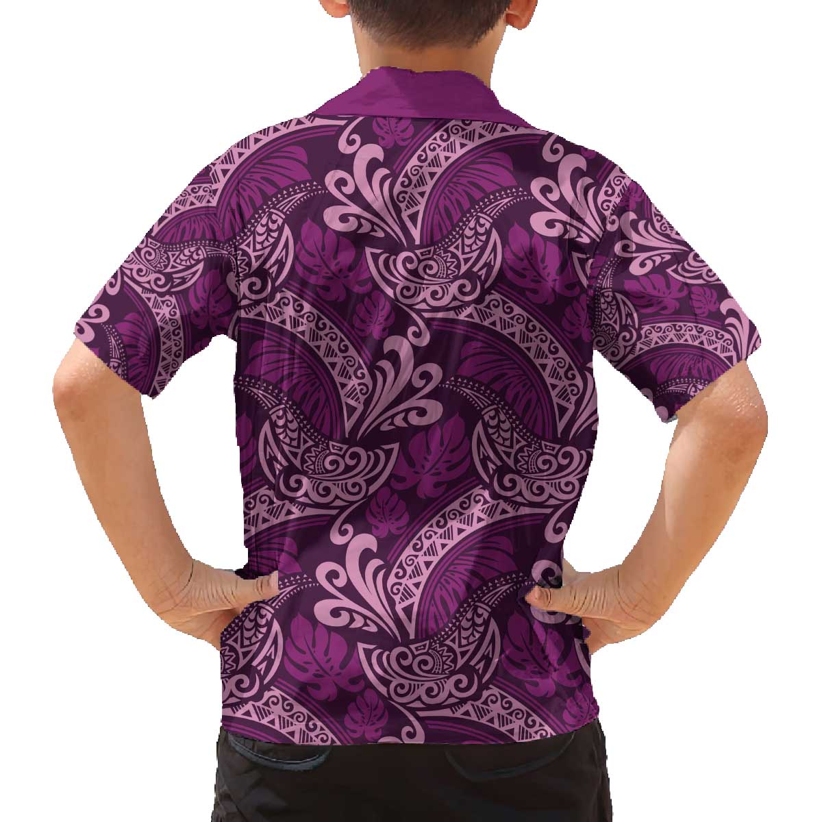 Royal Purple Monstera Family Matching Off The Shoulder Long Sleeve Dress and Hawaiian Shirt Polynesian Tribal Pattern LT01 - Polynesian Pride