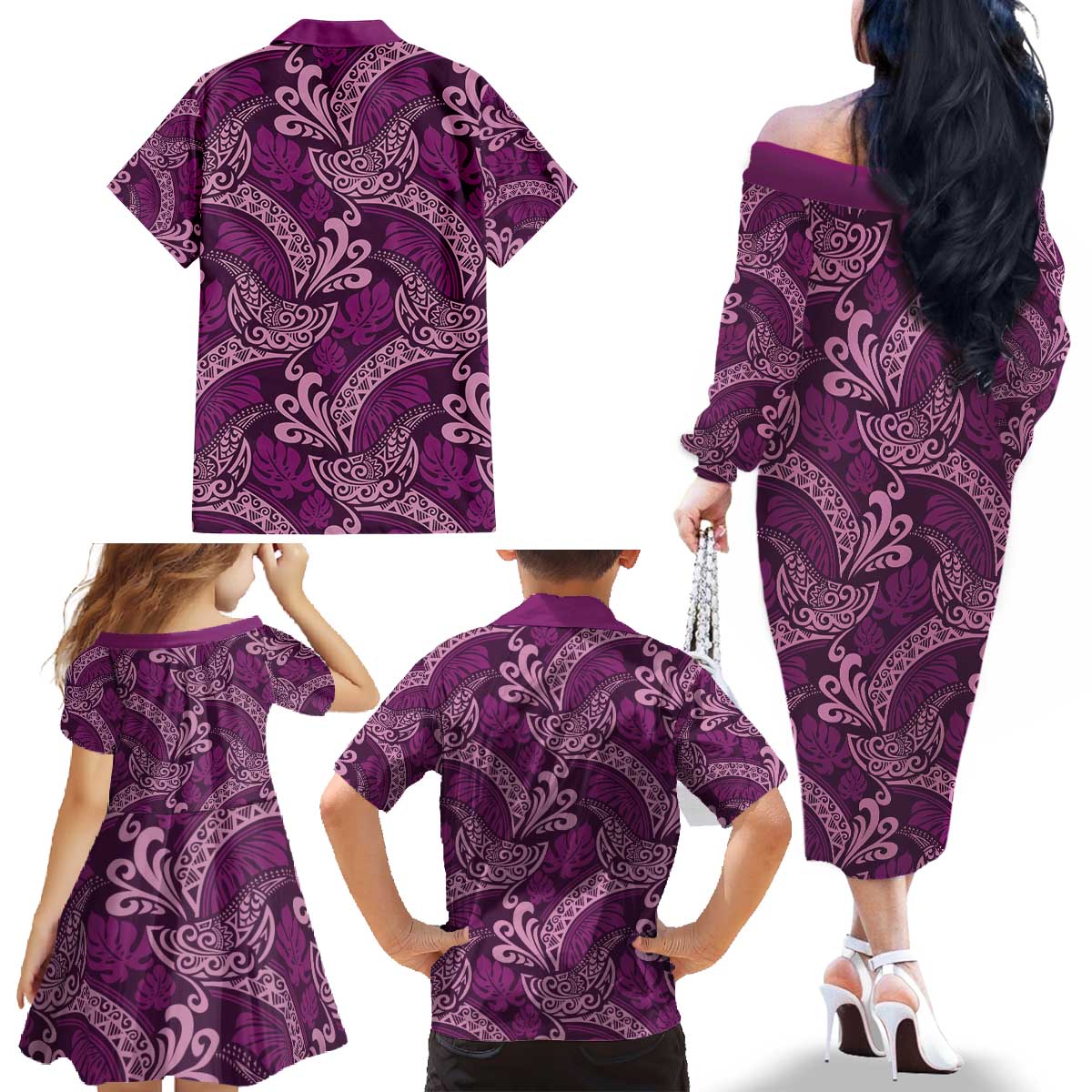 Royal Purple Monstera Family Matching Off The Shoulder Long Sleeve Dress and Hawaiian Shirt Polynesian Tribal Pattern LT01 - Polynesian Pride