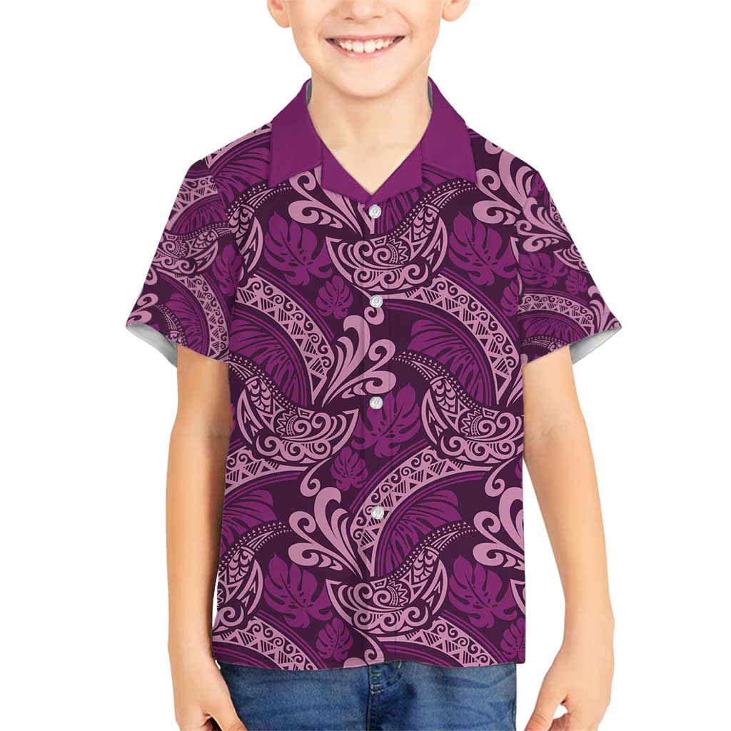 Royal Purple Monstera Family Matching Off Shoulder Maxi Dress and Hawaiian Shirt Polynesian Tribal Pattern - Polynesian Pride
