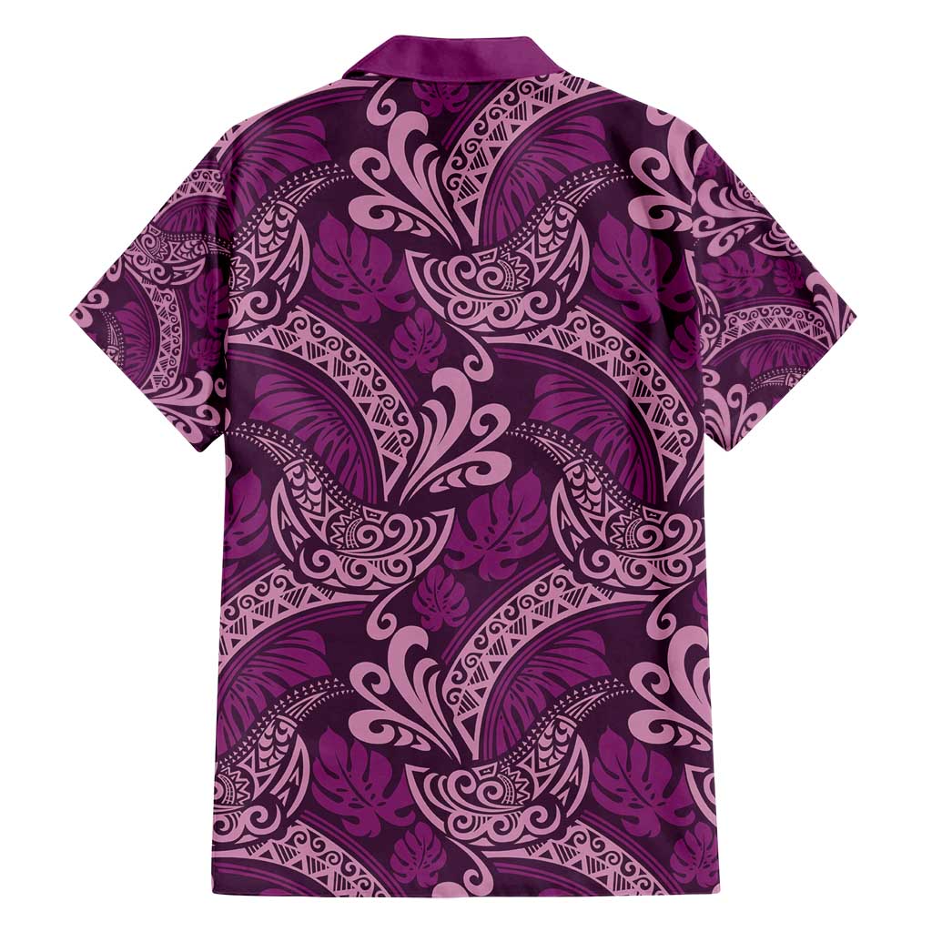 Royal Purple Monstera Family Matching Off Shoulder Short Dress and Hawaiian Shirt Polynesian Tribal Pattern - Polynesian Pride