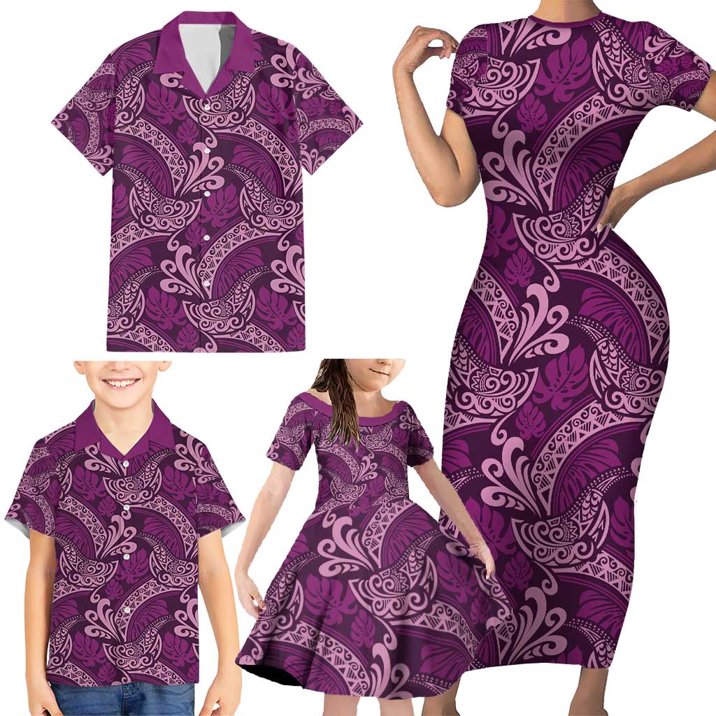 Royal Purple Monstera Family Matching Short Sleeve Bodycon Dress and Hawaiian Shirt Polynesian Tribal Pattern LT01 - Polynesian Pride