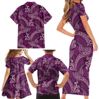 Royal Purple Monstera Family Matching Short Sleeve Bodycon Dress and Hawaiian Shirt Polynesian Tribal Pattern LT01 - Polynesian Pride