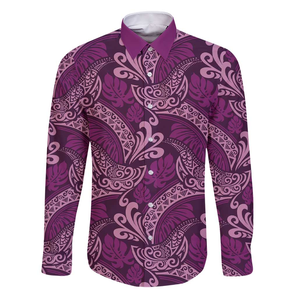 Royal Purple Monstera Family Matching Short Sleeve Bodycon Dress and Hawaiian Shirt Polynesian Tribal Pattern LT01 Dad's Shirt - Long Sleeve Purple - Polynesian Pride