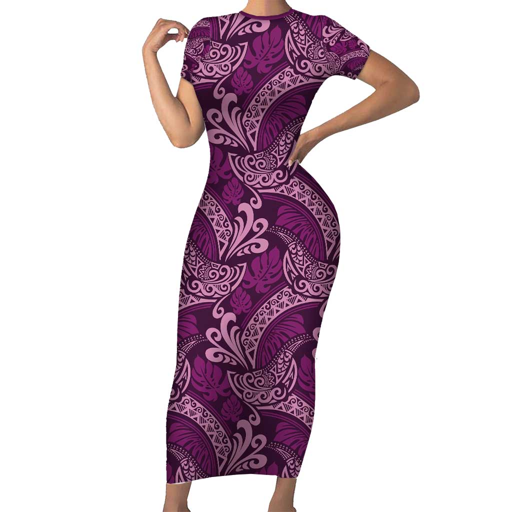 Royal Purple Monstera Family Matching Short Sleeve Bodycon Dress and Hawaiian Shirt Polynesian Tribal Pattern LT01 Mom's Dress Purple - Polynesian Pride