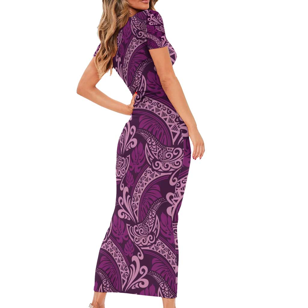 Royal Purple Monstera Family Matching Short Sleeve Bodycon Dress and Hawaiian Shirt Polynesian Tribal Pattern LT01 - Polynesian Pride