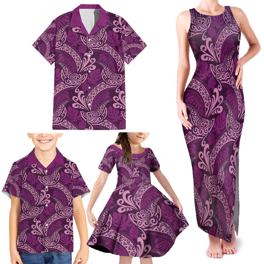 Royal Purple Monstera Family Matching Tank Maxi Dress and Hawaiian Shirt Polynesian Tribal Pattern - Polynesian Pride